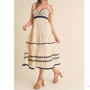 NWT! Cream Midi Sundress with Black Trim Tie-Shoulder Dress Size Large